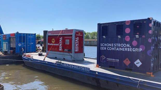 Biogasaggregaat op een ponton met een accu.