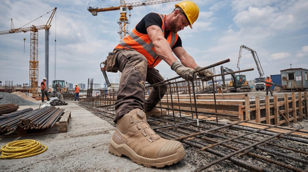 Bouwvakker draagt veiligheidsschoenen bouw tijdens werkzaamheden met wapening op bouwplaats